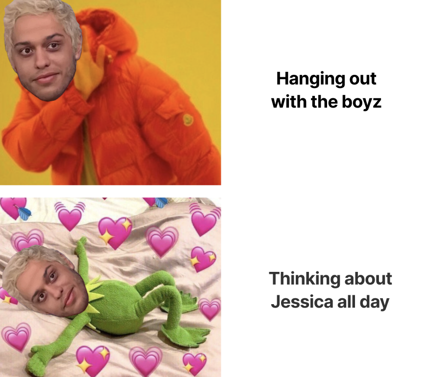 Meme used in the competitor test: the same cut-out head placed over two images, with captions on the right.